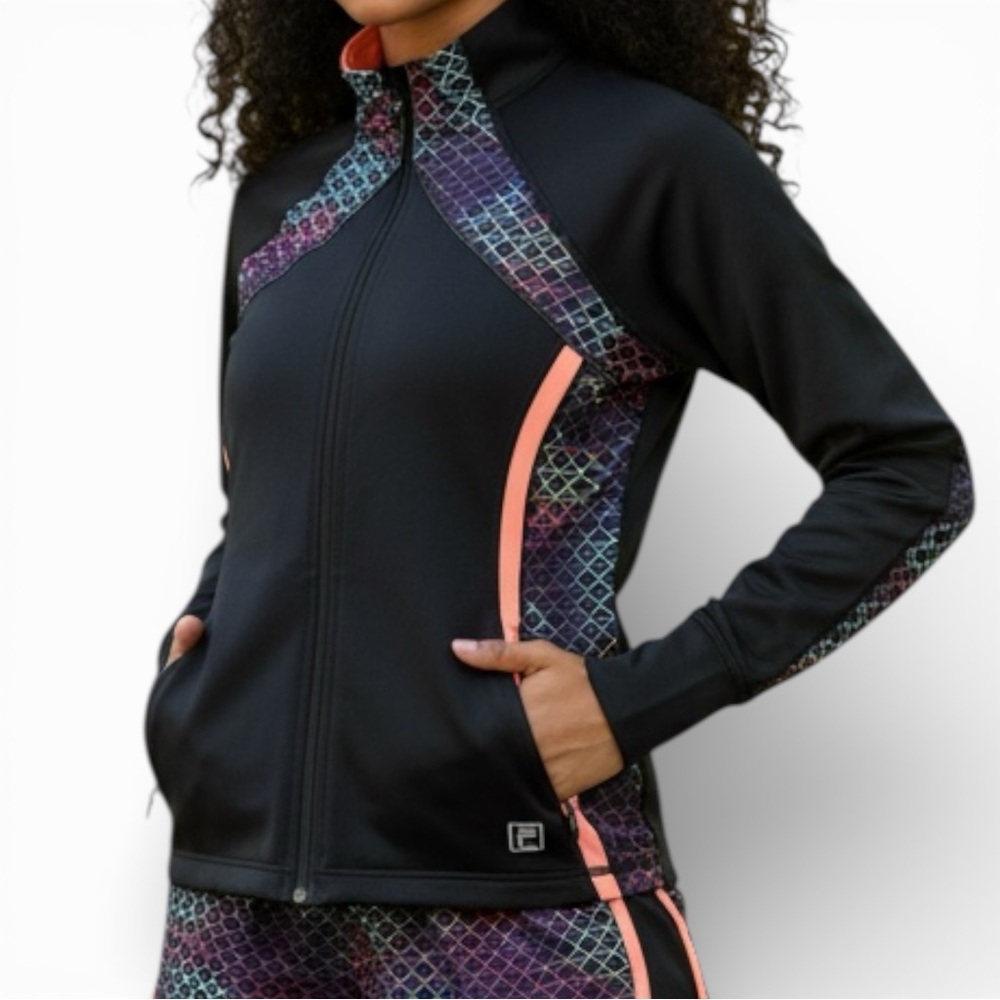 Fila Sport Womens Full Zip Track Jacket Black Rainbow Geometric Print Large